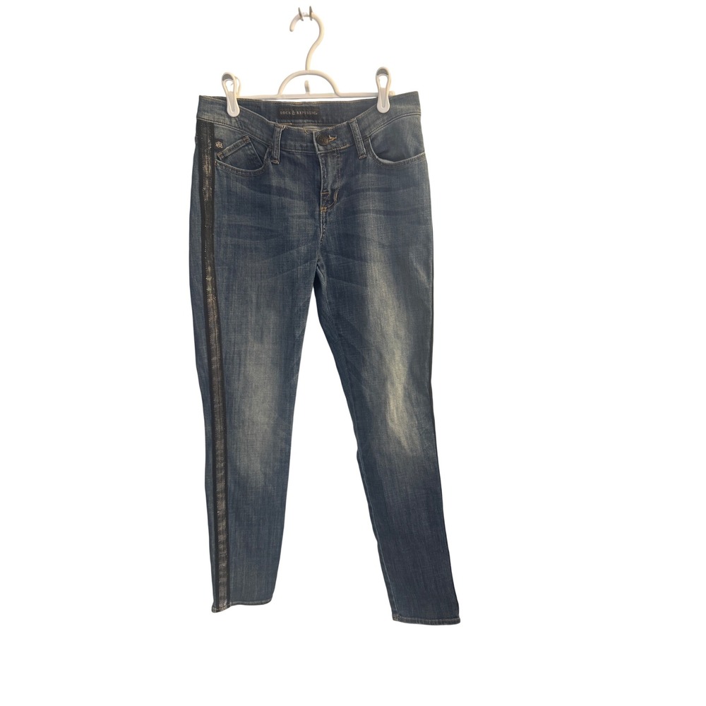 Rock & Republic Jeans Berlin ‎ Women's 8M Blue Denim Rhinestone Embellished Side